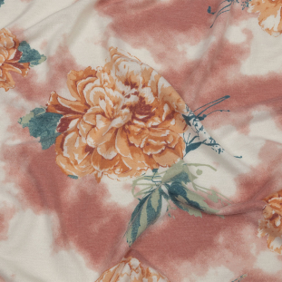Pink, Orange and Sage Roses and Tie Dye Stretch Polyester and Rayon French Terry