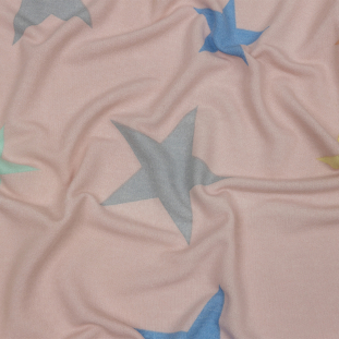 Pink and Rainbow Stars Stretch Polyester and Rayon French Terry