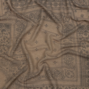 Tan and Gray Paisley Patchwork Stretch Polyester and Rayon French Terry