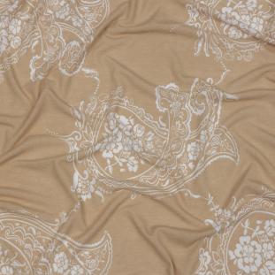 Beige and White Fancy Paisley Polyester and Rayon Jersey