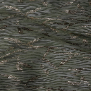 Metallic Gold and Satin Moss Leafy Stems Luxury Plisse Brocade with Scalloped Edges