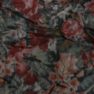 Italian Goth Red, Green and Gray Warp Printed Rose Garden Polyester Faille