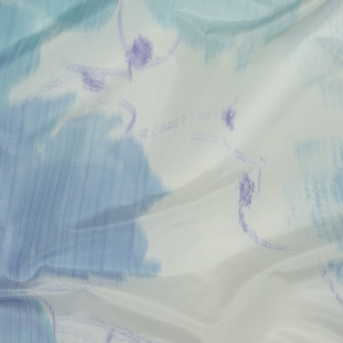 Italian Sky, Lime and Barely Blue Watercolor Flowers Warp Printed Polyester Faille