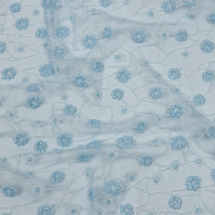 Luxury 3D Baby Blue and White Flowers and Geometric Stems Puffy Glitter Tulle