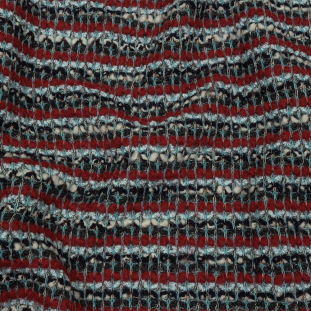 Red, Baby Blue and Charcoal Striped Chunky Wool Blend Boucle Sweater Knit