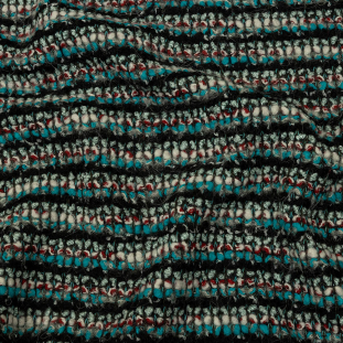 Turquoise, Charcoal and Red Boucle Stripes Chunky Wool Blend Sweater Knit
