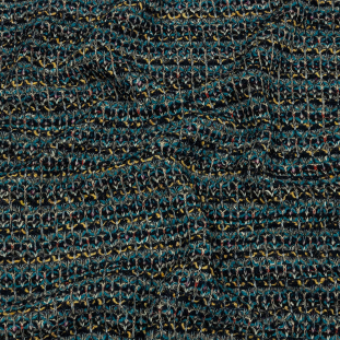 Teal, Yellow and Navy Boucle Stripes Chunky Wool Blend Sweater Knit