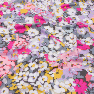 Pink, Gray, and Goldenrod Impressionist Florals Stretch Rayon Jersey