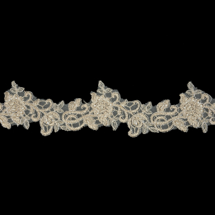 Light Champagne Floral Beaded Bridal Lace Trim with Silver Cording - 2.5&quot;