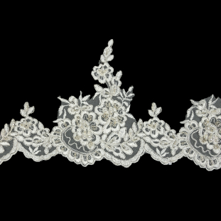 Off White and Silver Floral Scalloped Beaded and Corded Bridal Lace Trim - 5.5&quot;