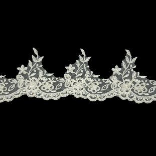 Off White Floral Beaded and Corded Scalloped Bridal Lace Trim - 3.5&quot;