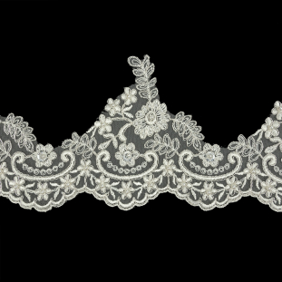 Off White and Metallic Silver Floral and Scalloped Bridal Lace Trim with Faux Pearl Beads - 5.5&quot;