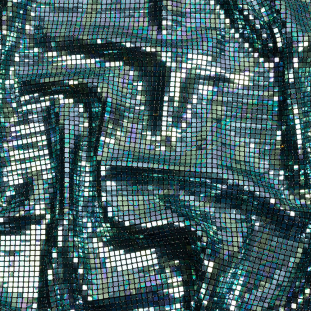 Blue Oil Slick and Black Squares Foiled Stretch Nylon Knit
