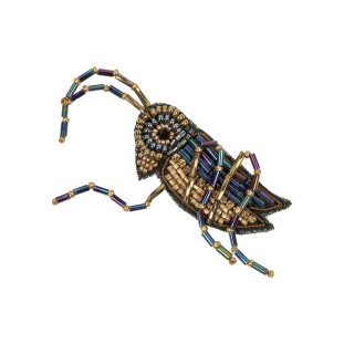 Iridescent Blue, Purple, and Gold Cricket Glass Beaded Applique - 3.25&quot; x 1.5&quot;
