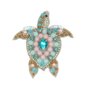 Silver, Baby Blue and Pale Pink Sea Turtle Rhinestone and Glass Beaded Applique - 2.75&quot; x 2.625&quot;
