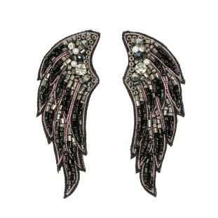 Gunmetal, Black and Pink Wings Rhinestone and Glass Beaded Applique - 3.125&quot; x 1.125&quot;