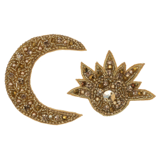 Gold Sun and Crescent Moon Rhinestones and Glass Beaded Applique