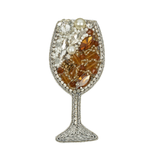 Pearl, Crystal and Topaz Wine Glass Rhinestones and Glass Beaded Applique - 3&quot; x 1.375&quot;