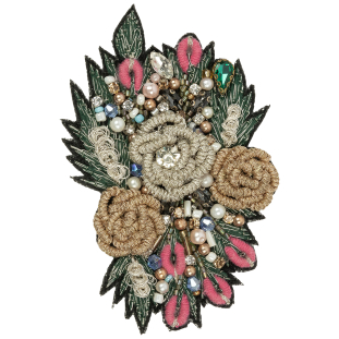 Black, Gold and Pink Rose Embroidered, Rhinestone and Glass Beaded Bouquet Applique - 3.875&quot; x 2.5&quot;