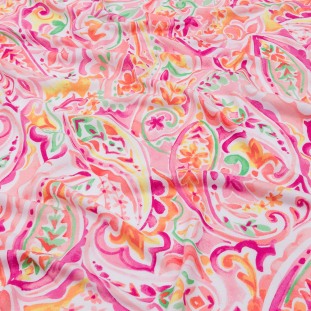 Fuchsia, Coral and Green Watercolor Paisley Cotton and Rayon Jersey