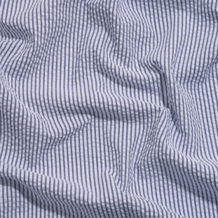 Wylie Dark Blue and White Candy Striped Polyester and Cotton Seersucker