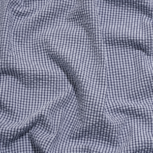 Wylie Dark Blue and White Checkered Polyester and Cotton Seersucker