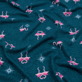 Blue and Pink Flamingos and Stars Stretch Polyester Sweater Knit