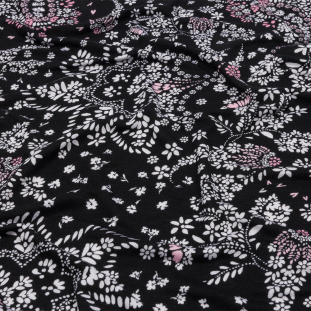 Black, White and Pink Floral Paisley and Hearts Stretch Rayon Jersey