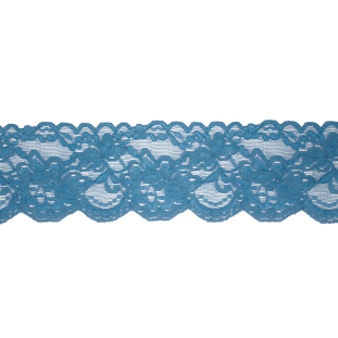 Famous NYC Designer Country Blue Floral Stretch Lace Trim with Scalloped Edges - 3.125&quot;