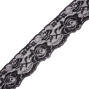 Famous NYC Designer Black Delicate Roses Stretch Lace Trim with Scalloped Edge - 2.25&quot;