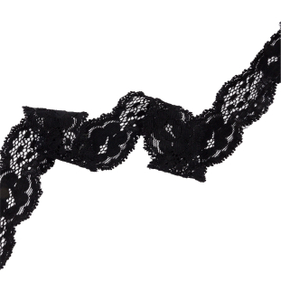 Black Floral and Scalloped Stretch Corded Lace Trim - 1.25&quot;