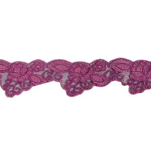 Famous NYC Designer Orchid and Plum Floral Embroidered Scalloped Edge Lace Trim - 2.125