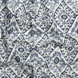 Muted Blue, Navy and White Decorative Ikat Diamonds Cotton Canvas