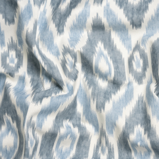 Sky Blue, Gray and White Ikat Geometry Cotton Canvas
