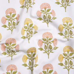 Coral, Yellow and Green Classic Floral Printed Cotton Canvas