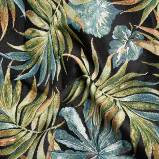 Black and Green Tropical Leaves Polyester and Cotton Jacquard