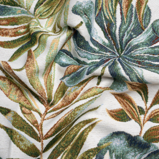 White and Green Tropical Leaves Polyester and Cotton Jacquard