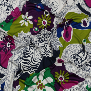 Magenta, Kiwi and Navy Flowers and Animal Sketches Silk Jersey