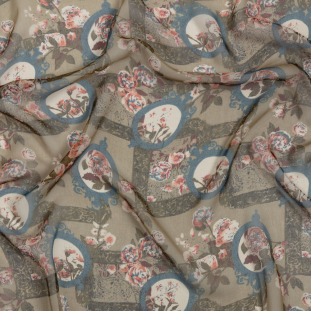 Olive, Blue and Pink Flowers and Frames Silk Chiffon