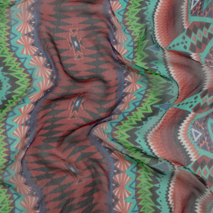 Bright Aqua, Red, and Lime Geometric Stripes Crinkled Silk Chiffon