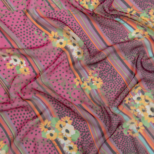 Hot Pink, Yellow and Green Stripes, Spots and Flowers Silk Chiffon