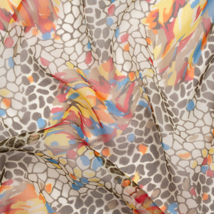 Brown, Yellow and Blue Abstract Crinkled Silk Chiffon