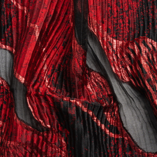 Metallic Red and Black Abstract Formations Ribbed Burnout Luxury Brocade