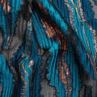 Metallic Copper, Teal and Black Abstract Islands Ribbed Burnout Luxury Brocade