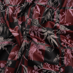 Mood Exclusive Burgundy Long Live Printed Stretch Flowers and Cranes Jacquard