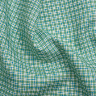 Grass Green, Blue and White Plaid Medium Weight Linen Woven