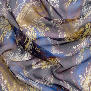 Blue, Purple and Yellow Swirling Bouquets Silk Chiffon