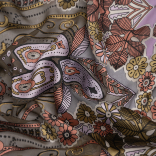 Pink, Lilac and Gray Flowers, Stripes, and Ornate Scrolls Silk and Rayon Burnout Satin