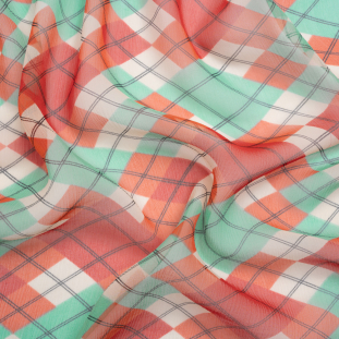 Red, Mint and Cream Argyle Crinkled Silk Chiffon