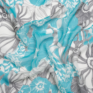 Turquoise, Black and White Tropical Floral Crinkled Silk Chiffon